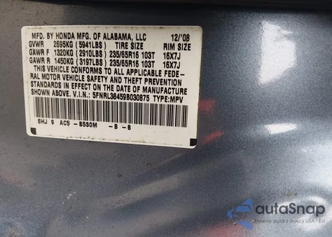 2009 Honda Odyssey Ex from USA, damaged, VIN 5FNRL38459B030875